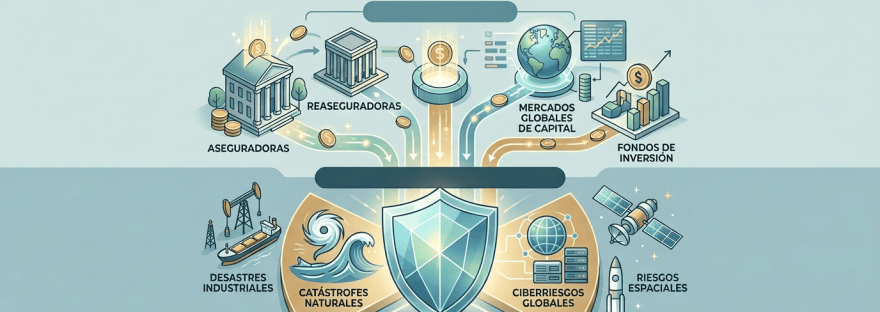 Infografía titulada «El capital detrás de la protección de los grandes riesgos de los seguros», con fuentes de capital, protección de grandes riesgos, estabilidad financiera, gestión de riesgos y continuidad del negocio.