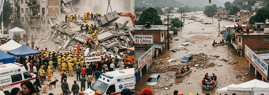 Cruz Roja Mexicana rescuers at earthquake rubble and flood evacuation scenes in Mexico
