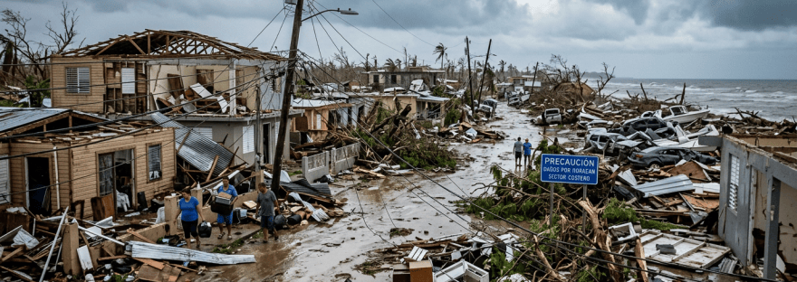 Storm-damaged coastal neighborhood with wrecked homes and sign reading “PRECAUCIÓN DAÑOS POR MARE... SECTOR COSTERO”