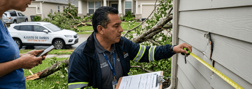 Inspector measuring damaged house siding beside fallen tree branches