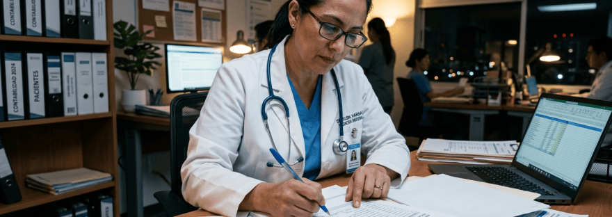 Médico revisando gastos de atención del paciente